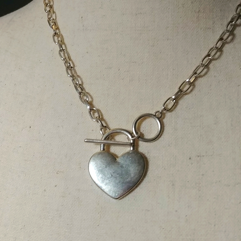 Faux Silver Heart Pendant Toggle Necklace